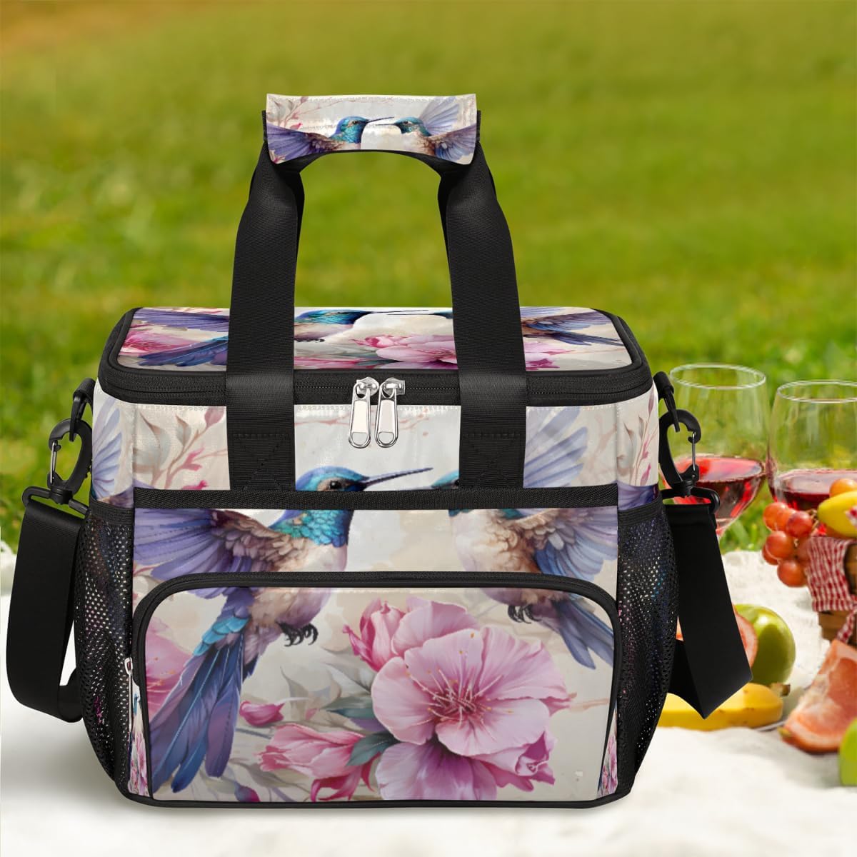 Bird Insulated Picnic Backpack Lunch Box for Women Men Picnic Basket Tote Lunch Bag Picnic Bag Portable Lunch Bags for Picnic, Beach, Work, Trip,Office, Camp Hummingbirds