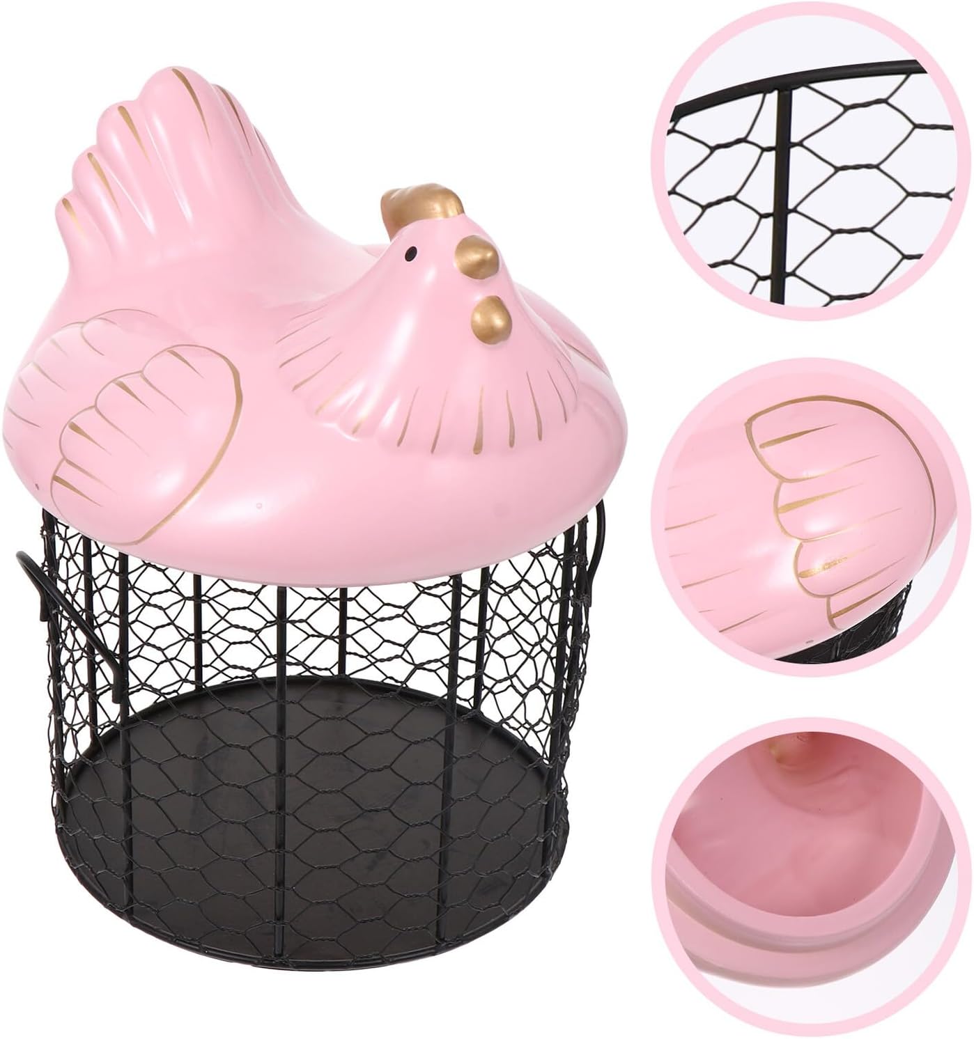 Cabilock Ceramic Egg Storage Basket with Lid and Wire Frame, Pink Accent Kitchen Organizer for Fruit and Egg Container, Southeast Asian Style Household Storage Basket for Countertop Use