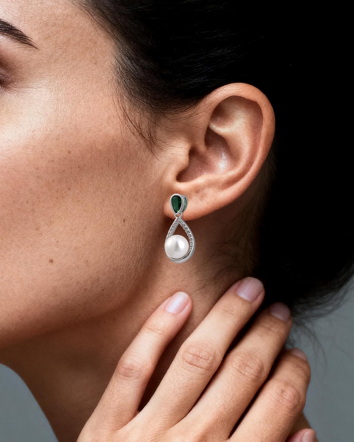 Small Silver Teardrop Pearl Earrings for Women with Green Cubic Zirconia Elegant Stud Earrings for Emerald and Pearl Jewelry - Image 2