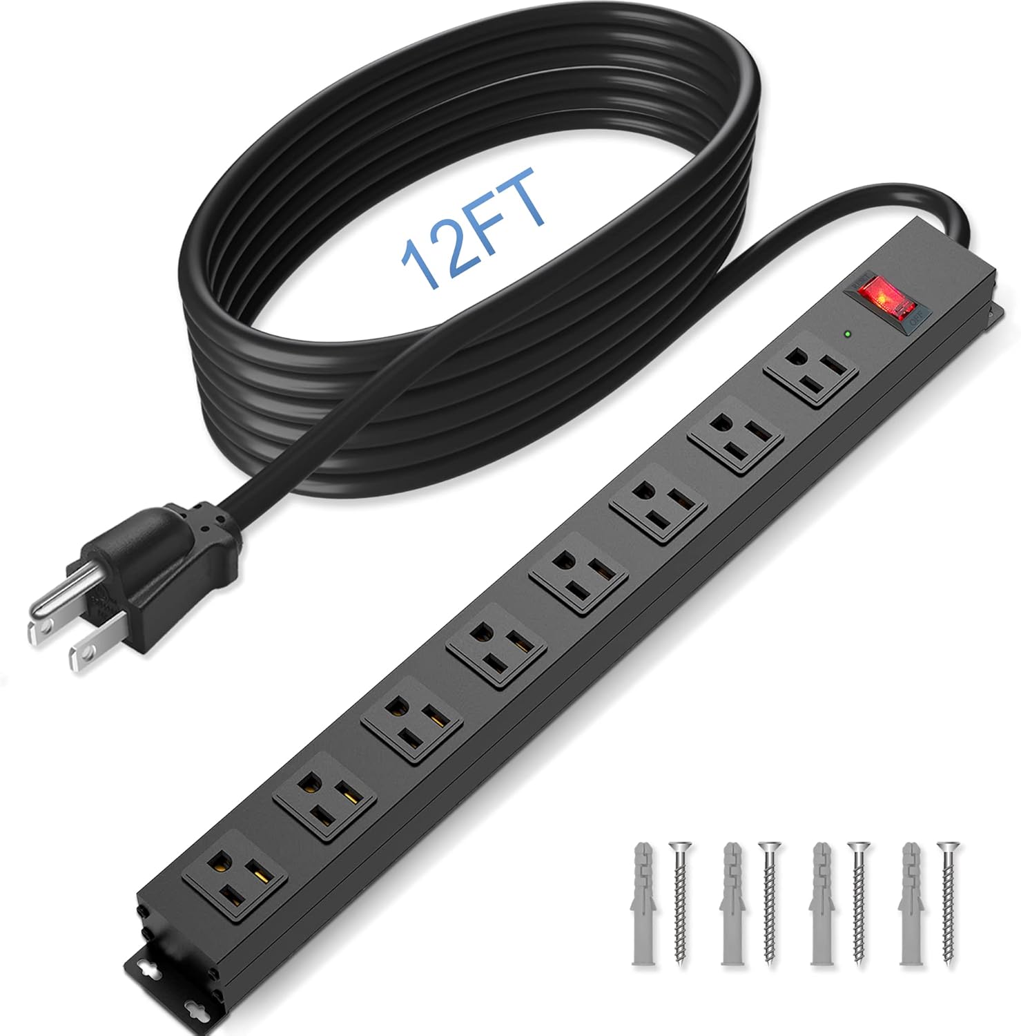 8 Outlet Power Strip Surge Protector, 12 Feet Metal Power Strip Heavy Duty with Switch for Home Office School Shop Garage, Wall Mount with Screw, 2100J 15A 125V 1875W, 14AWG, SGS Listed, Black