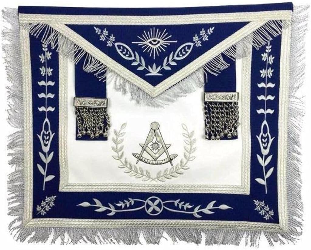 SialkotCrafts masonic regalia master mason navy blue leather apron silver embroidery with fringe