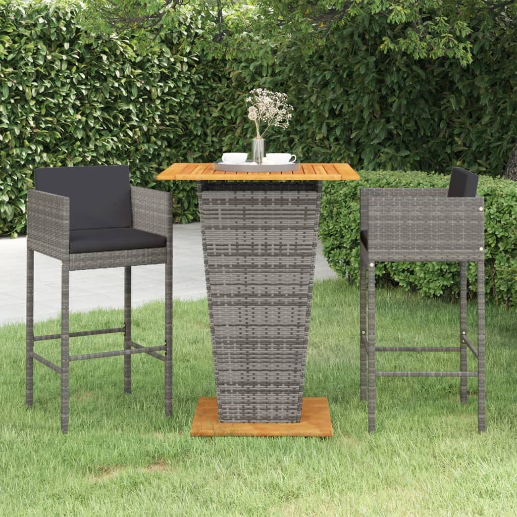vidaXL Set de Muebles Bar Jardín 3 Piezas y Cojines Mesa Silla Asiento Patio Terraza Balcón Barra Bistró Muebles Mobiliario Ratán Sintético Gris