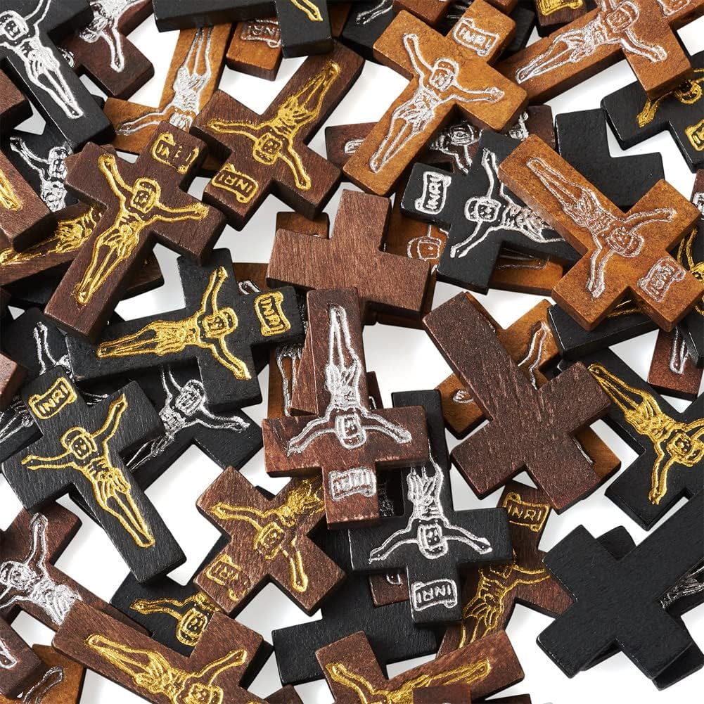 Cheriswelry 100Pcs Crucifix Cross Wood Pendants Crucifix Cross Printed Wooden Charms Dyed Wood Religious Dangle Charms 32.5-33.5mm for Men Women DIY Easter Necklace Jewelry Making - Image 2