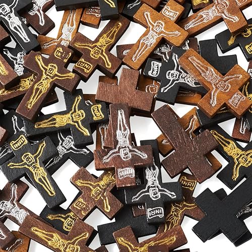 Miniatura 2 de Cheriswelry 100 colgantes de crucifijo de madera con cruz de crucifijo, con estampado de crucifijo, madera teñida, religiosa, colgante de 32,5 a