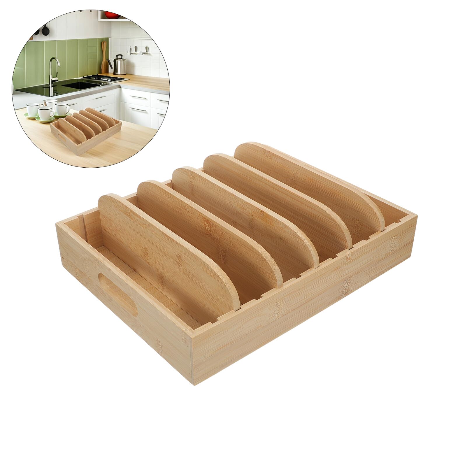 Organizer e 6 Scomparti in Bambù per Coperchi da Cucina con 5 Divisori Regolabili Contenitore per Alimenti con Maniglie Ergonomiche, per Profondi