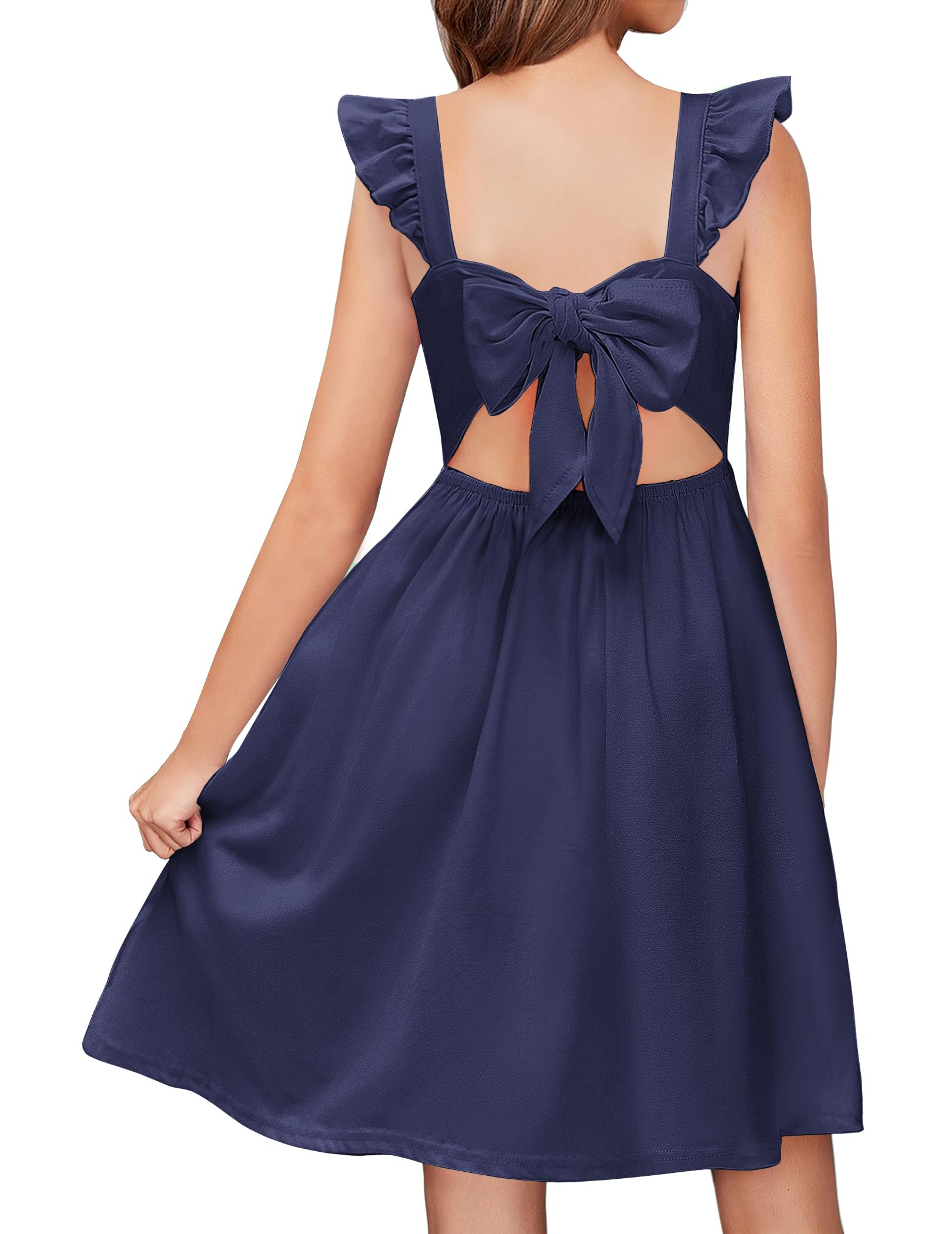 Arshiner Girls Summer Dresses Square Neck Ruffle Sleeve Tie Back A-Line Swing Casual Midi Dress with Pockets