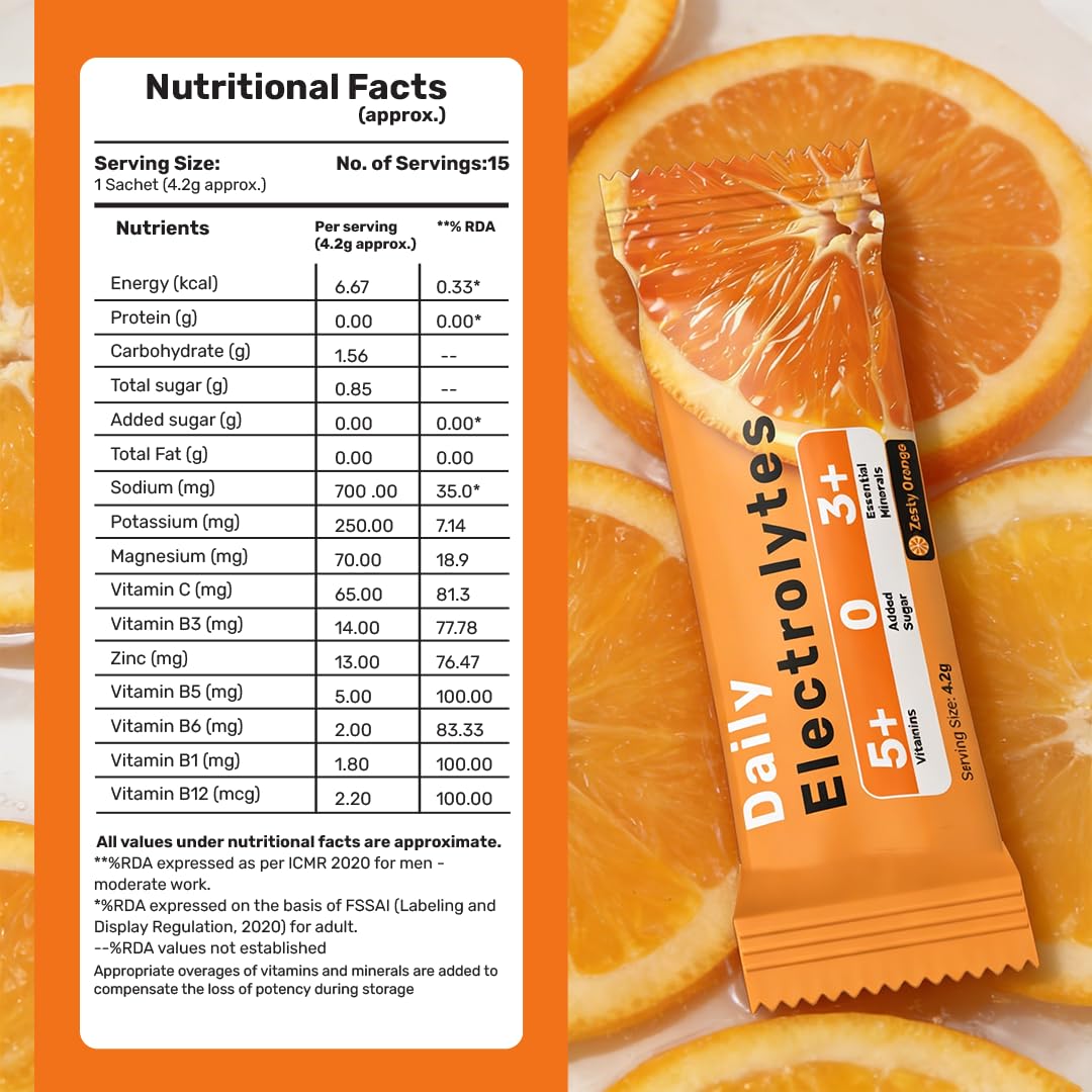 What's Up Wellness Daily Electrolytes Powder - Zesty Orange Flavour | Zero Added Sugar | Instant Hydration - Sodium, Potassium, Magnesium & Zinc | Vegan | 15 Sachets — Amazon image 8