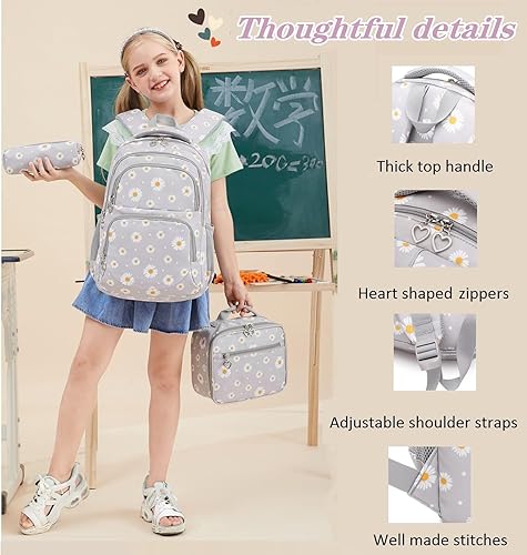 Miniatura 5 de Juego de mochila escolar de 3 piezas con estampado margarita para adolescentes, niñas, primaria, mediana y niños, impermeable, con bolsa de