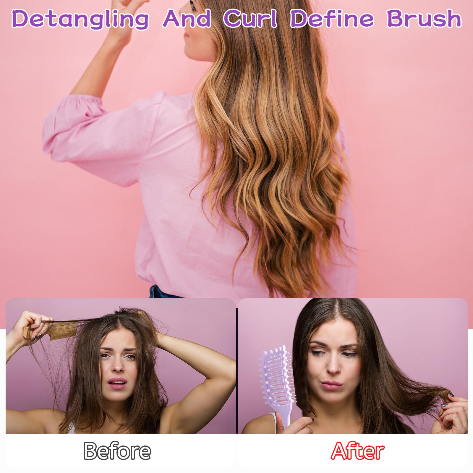 2Pcs Curly Hair Brush,Curl Defining Brush,Detangle Hair Brush define styling brush for Wet Thick Curly Hair,Soft Bristle Vent Detangling Paddle Brush Comb for Women Men Girls (Pink+Purple) - Image 4