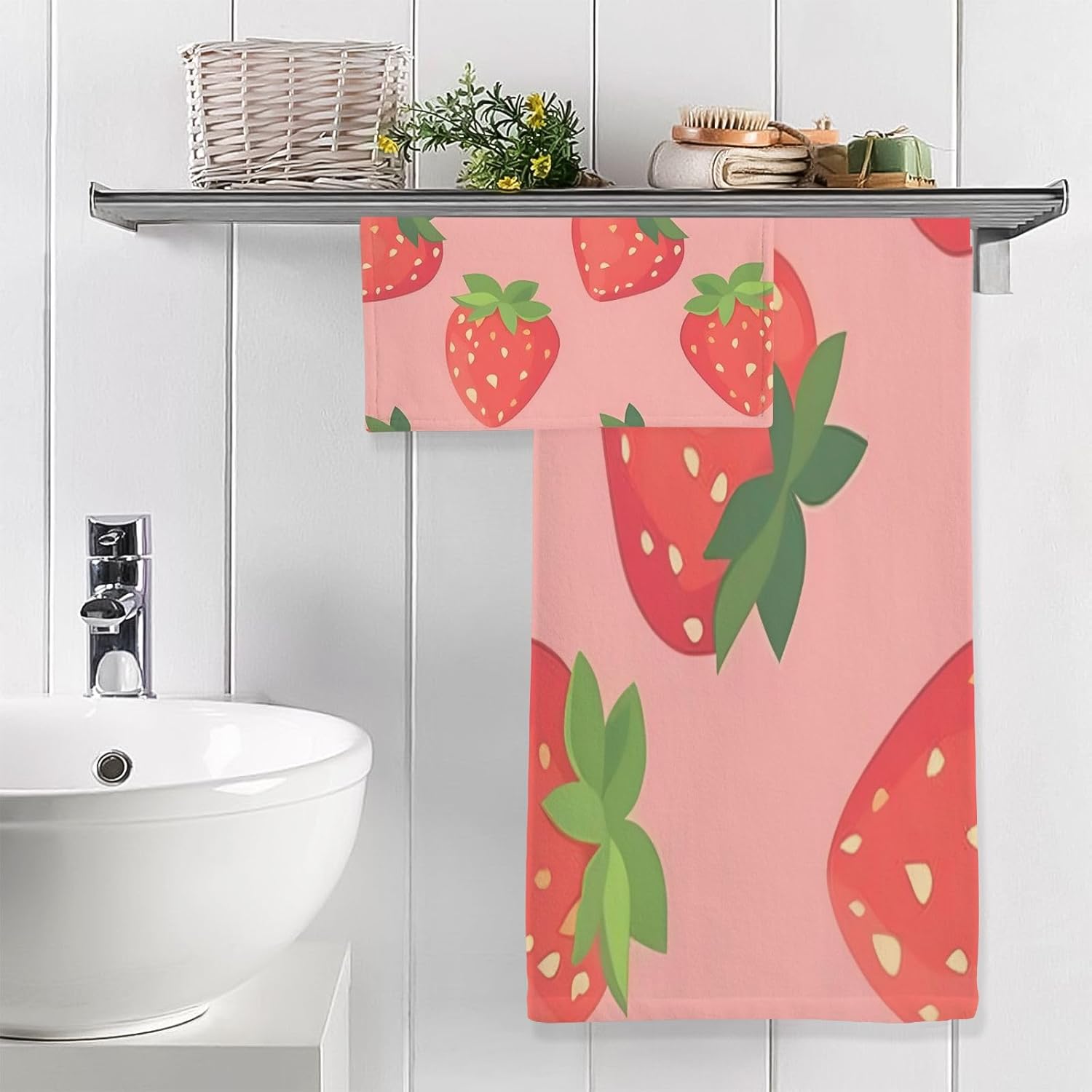 Hand Towels Premium Soft and Highly Absorbent Strawberry Pattern 2 Pcs Towels for Bathroom Set 100% Cotton Decorative Face Towels