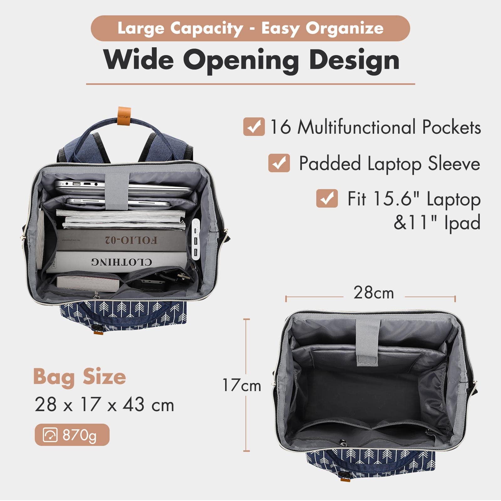 Lekesky Zaino Donna, Multiuso Backpack Porta PC 15.6 Pollici con Borsa Antifurto, Impermeabile Zaino Lavoro Laptop Elegante per Viaggio, Ufficio, Università, Blu