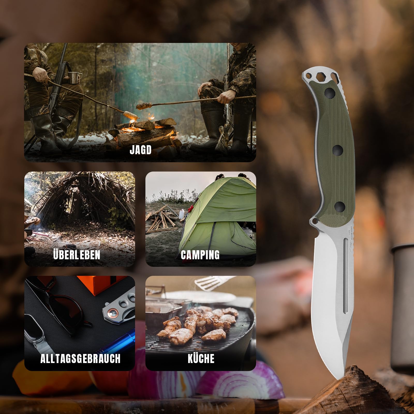 Kizer Ursa Major Survival Outdoor Messer mit Feststehende Klinge, 1082A2 | 11cm Clip Point AEB-L Klinge mit Ergonomischem Olivgrün G10 Griff, Bushcraft Messer mit Scheide & Hexagon Loch für Camping