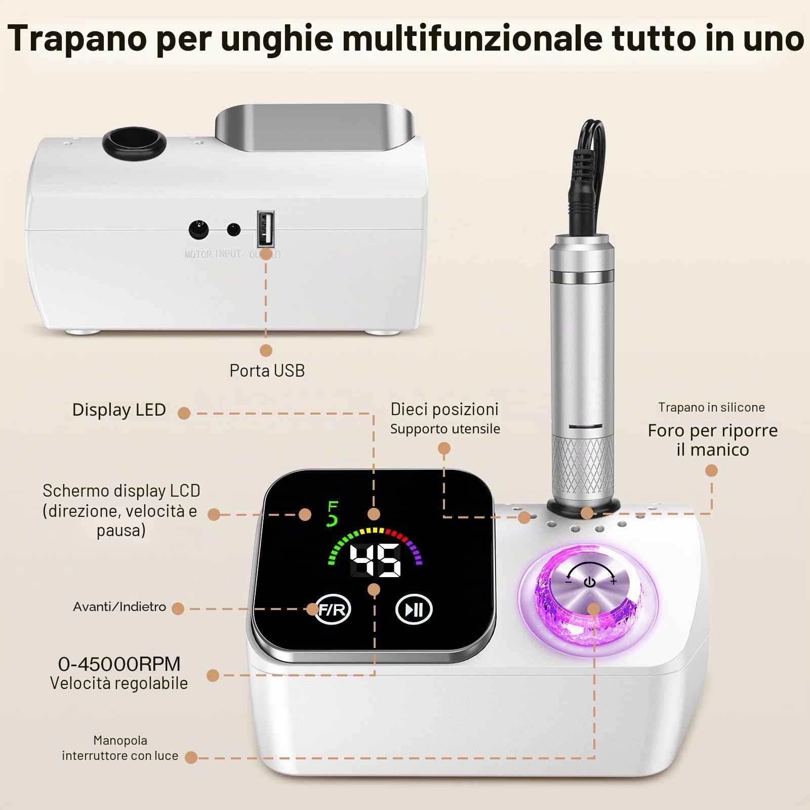 Fresa per Unghie Professionale 45000 giri,12 testine di levigatura,Display LCD touch control,Manopola in cristallo,Lima per unghie portatile per unghie in acrilico e gel (Bianco)