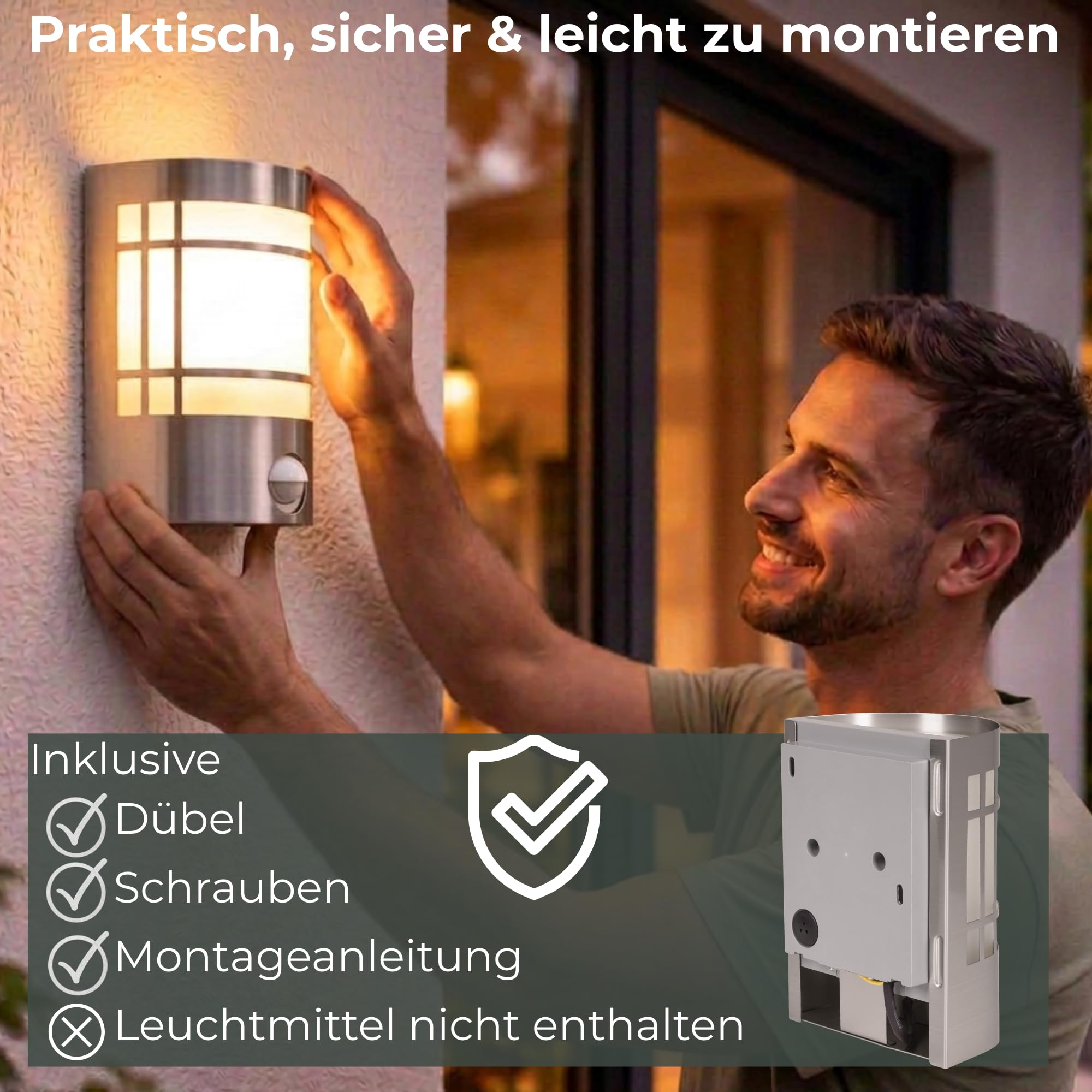 Novatool 2x Wandleuchte Aussen Edelstahl mit Bewegungsmelder I IP44 I E27 Sockel I 11,5x13,5x19 cm I Außenlampe Balkon Außenleuchte Außenbeleuchtung Haus Wandleuchte Aussenbeleuchtung Gartenleuchte