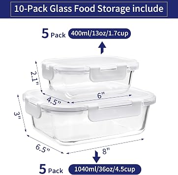 MFY Glass Containers with Lids, Reusable Meal Prep Containers, Airtight Glass Food Storage Containers with Lids, BPA-free, Microwave, Oven, Freezer and Dishwasher Safe, 10 Pcs 1040 & 400ml - White