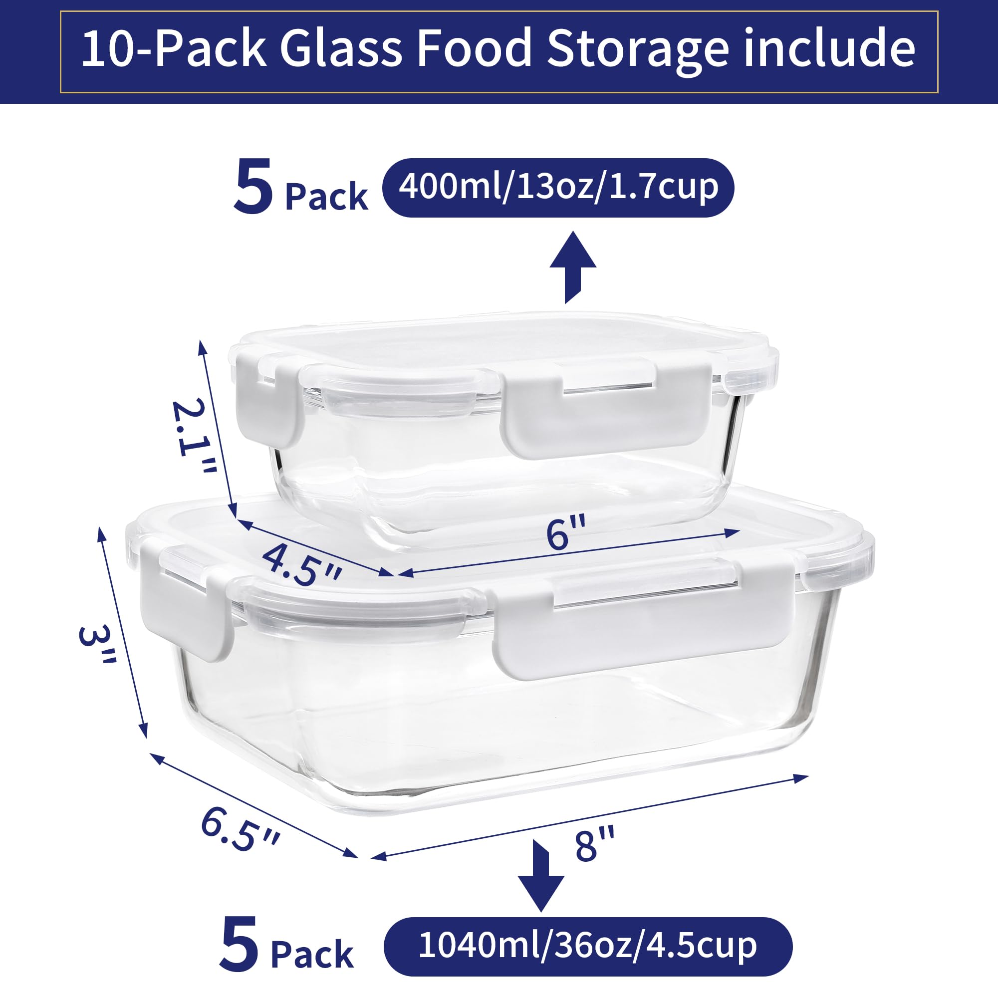 MFY Confezione da 10 contenitori in vetro con coperchio, contenitori per la preparazione dei pasti con coperchio ermetico, contenitori per il pranzo in vetro con coperchio, senza BPA, per microonde