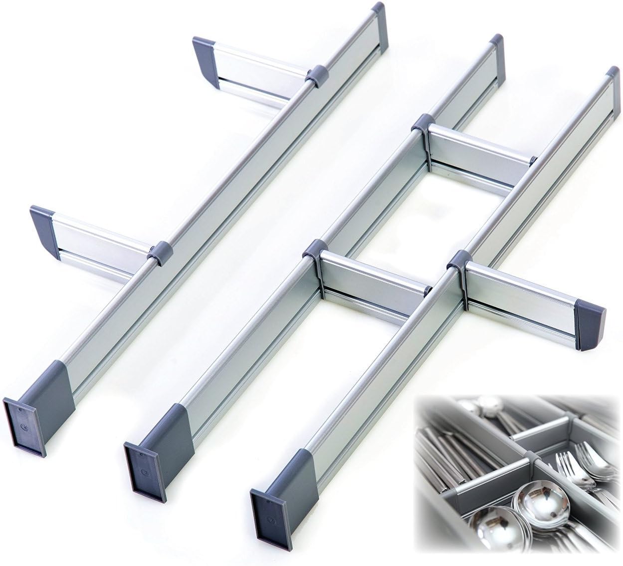 Practical Comfort Adjustable Kitchen Drawer, Elegant Aluminum Modular Organizer 3 Divider Set for Drawers, 17.5" to 20.5" Long