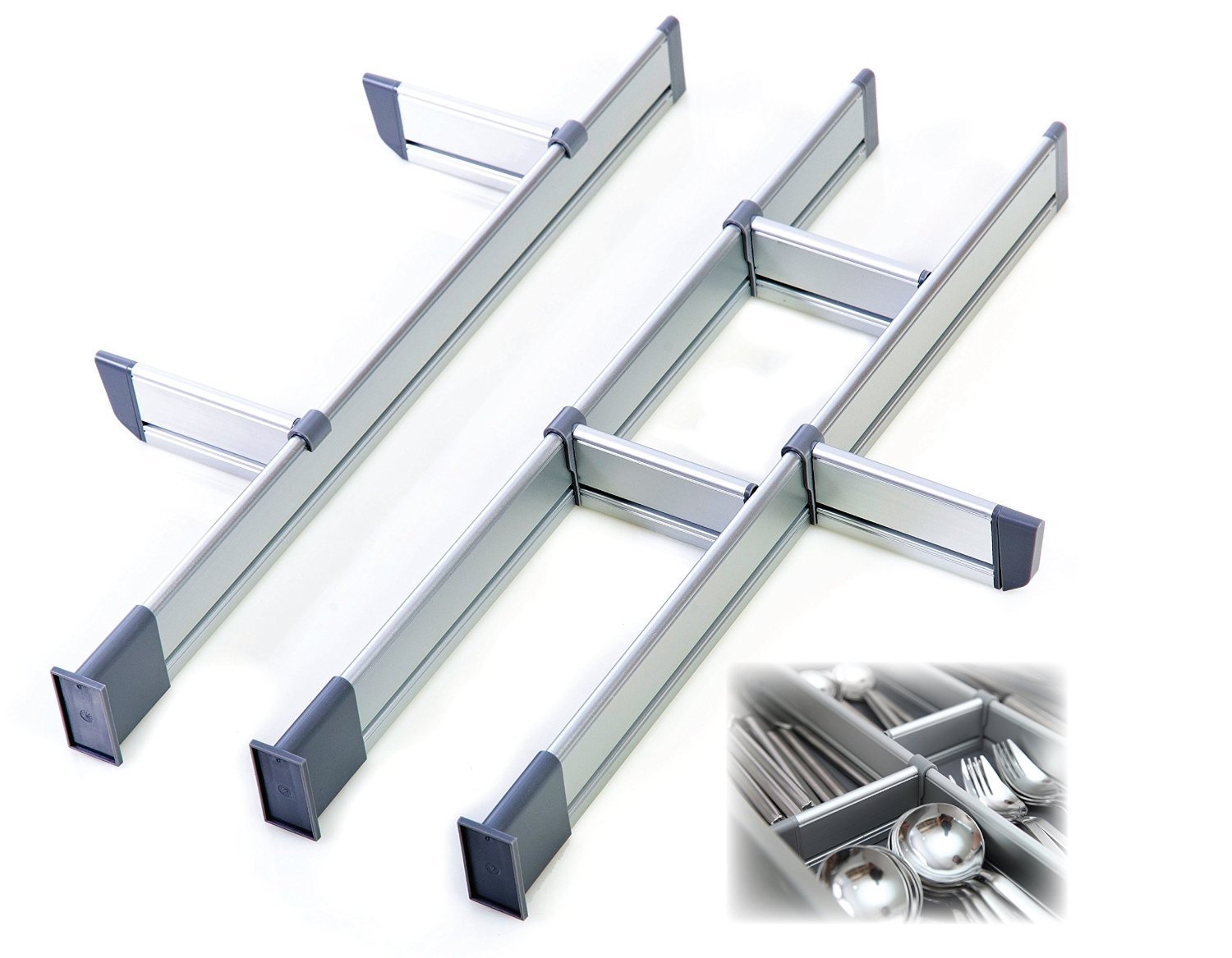 Practical Comfort Adjustable Kitchen Drawer, Elegant Aluminum Modular Organizer 3 Divider Set for Drawers, 17.5" to 20.5" Long