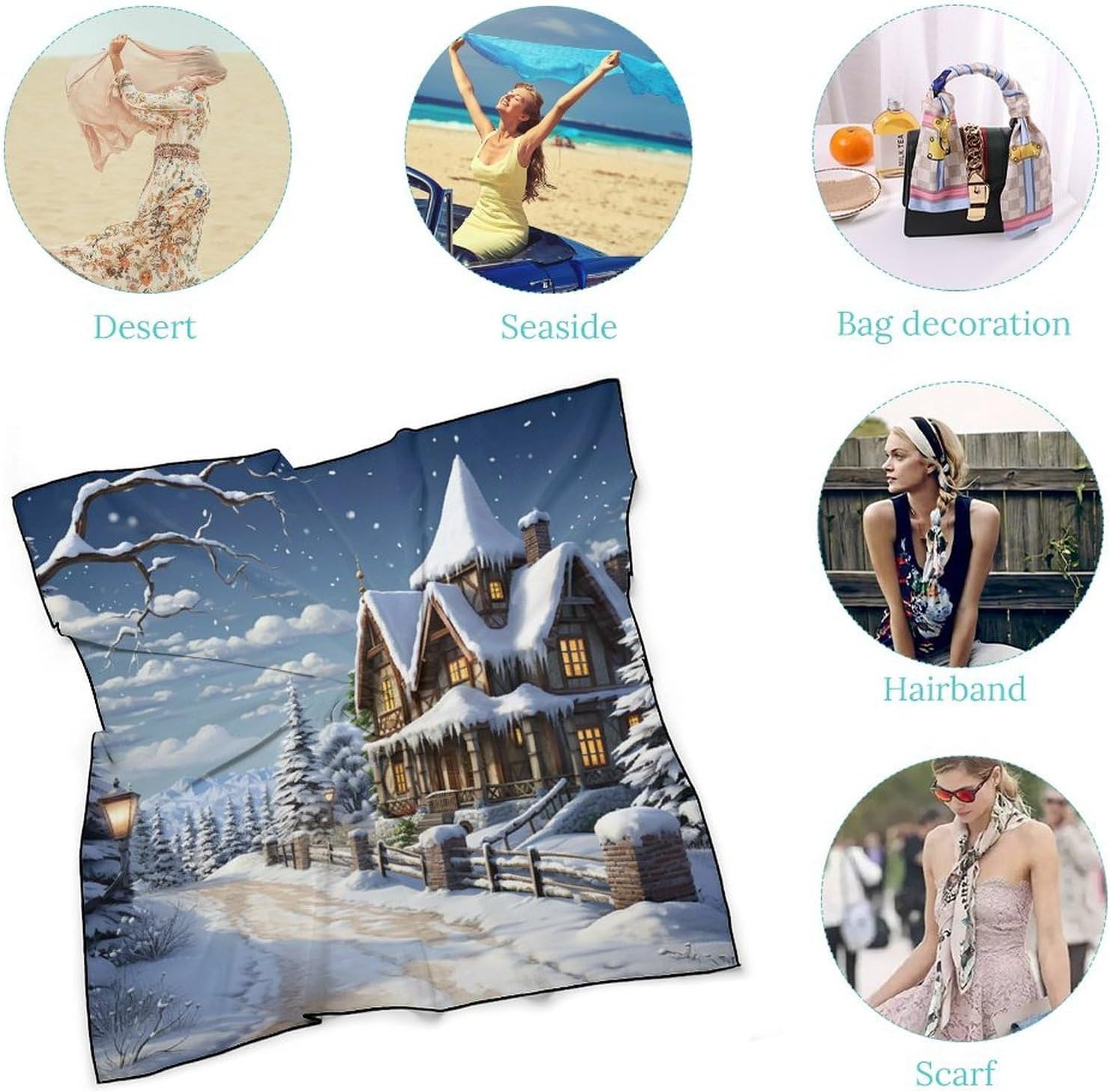 Christmas Winter Happy Scene Headscarf Square Lightweight, Women’s Hair Wraps Shawl, Head Scarf for Women, Hair Bandanas Man Fashion Silk Scarf for Sleeping Hair Wrapping Night