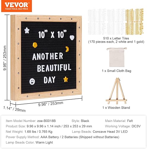 Miniatura 7 de VEVOR Tablero de letras de fieltro negro, tablero de mensajes de fieltro de 10 x 10 pulgadas, tableros de letreros intercambiables con 510 letras,