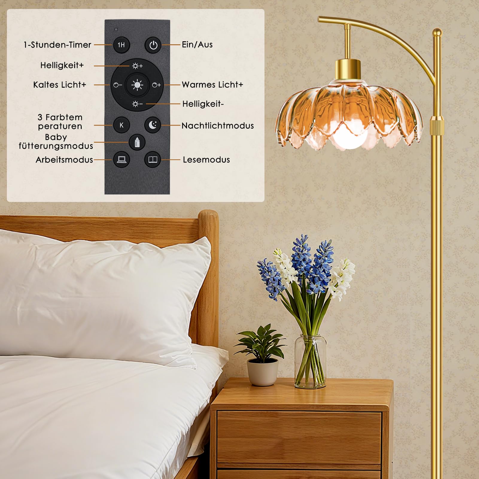 Stehlampe Wohnzimmer Vintage Gold Dimmbar mit Fernbedienung: Moderne LED Leselampe Messing Bogen für Schlafzimmer, Büro, Retro Klassische Design mit Braun Schirm, Boho & Mid Century Modern, Groß 175cm