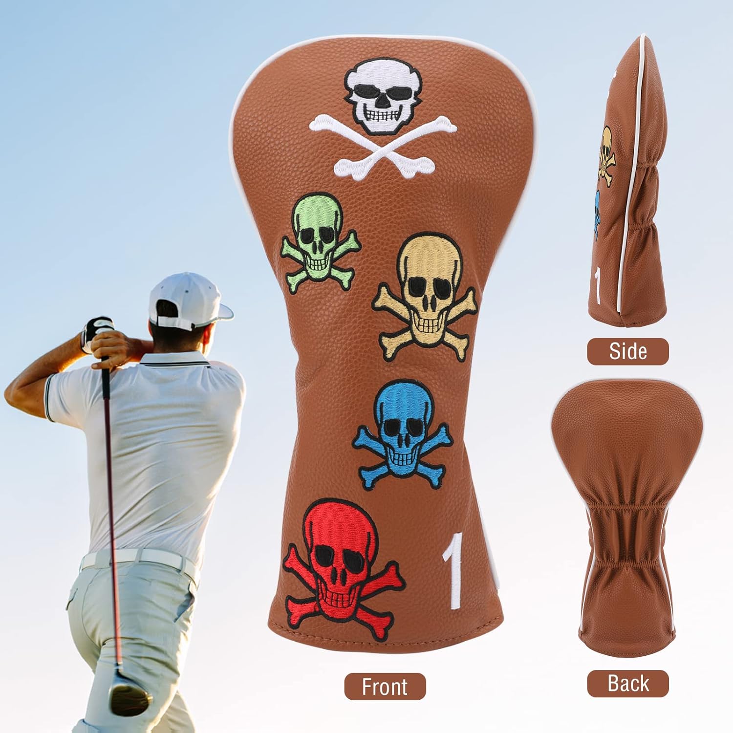 Number-one Golf Club Head Covers for Fairway Woods Driver Hybrids, 4Pcs Leather Golf Headcover Set with Skull Patterns Embroidery and Numbers 1 3 5 H, Golf Club Headcovers for Club Men Women (Brown) : Sports & Outdoors