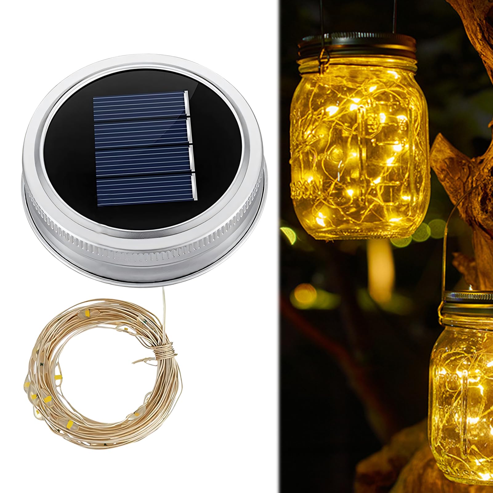 Nexoria Solar Light Lids for Mason Jars, Lamp Holder Replacement Top with String Lights, 600mAh Replacement Solar Panels with Warm White Light for Garden Mason Jar