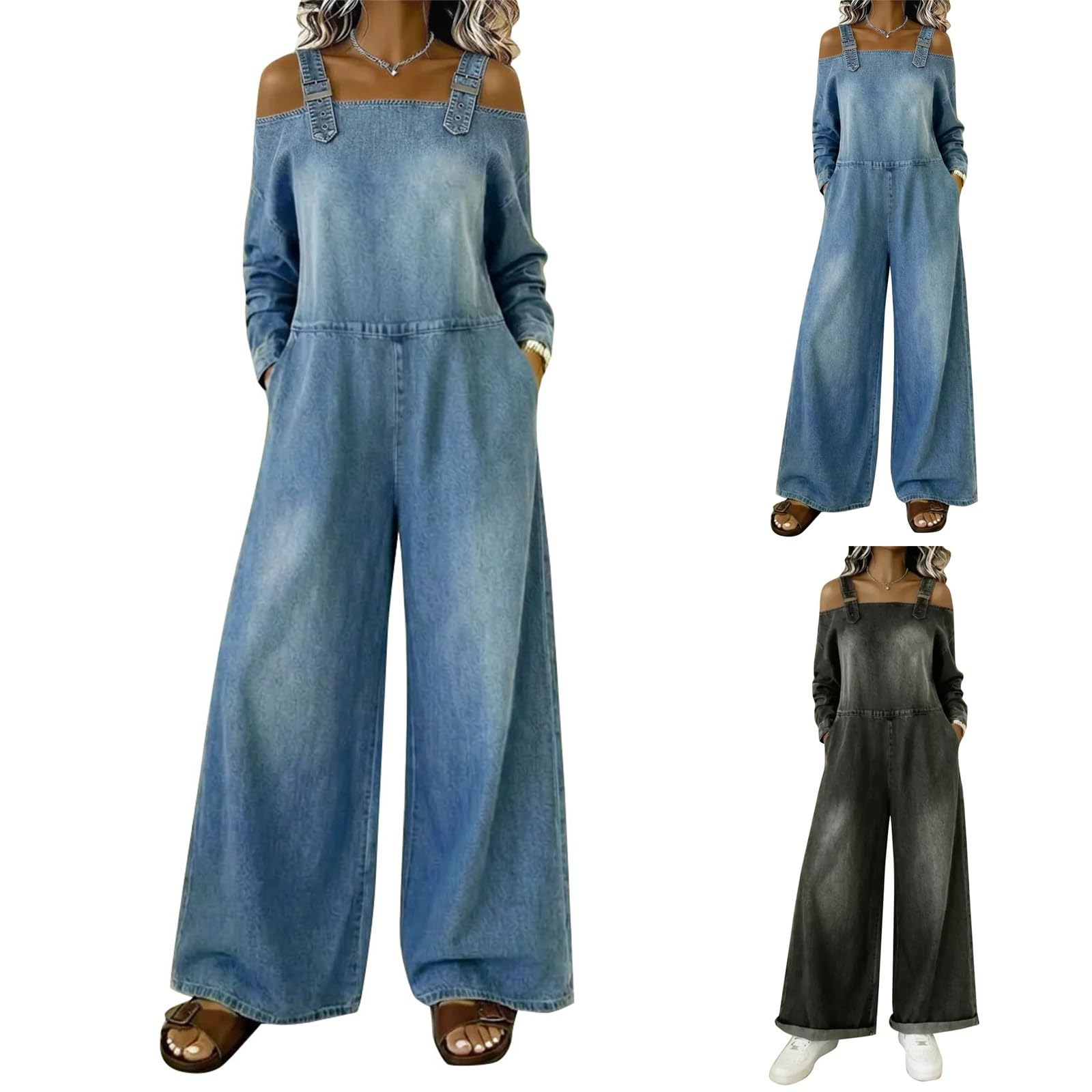 Generisch Salopette da donna in jeans lunga, stile vintage, a maniche lunghe, con bretelle