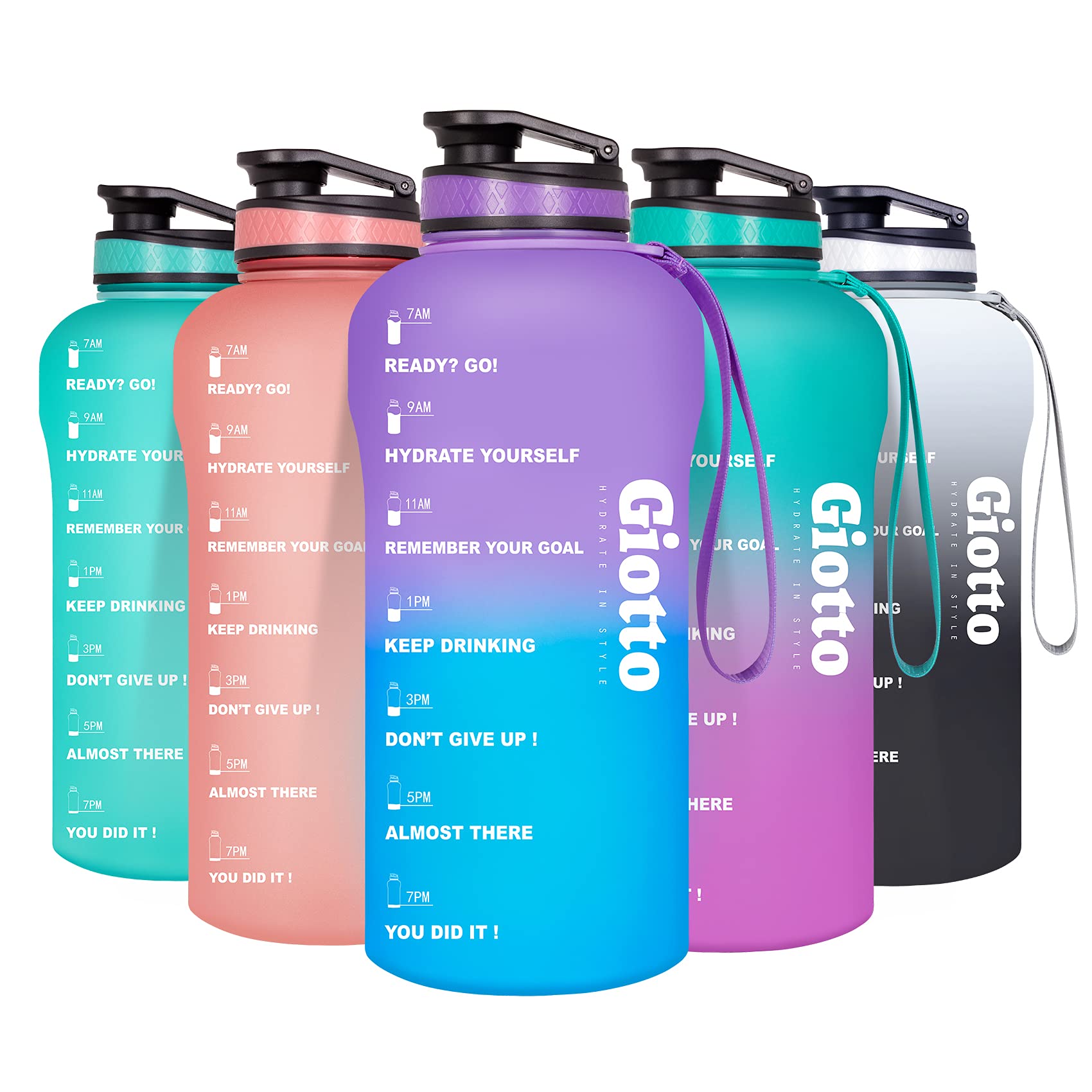 Giotto Large Half Gallon/64oz Motivational Water Bottle with Time Marker & Removable Strainer, Leakproof BPA Free Water Jug to Remind You Drink More Water and Hydrate in Style
