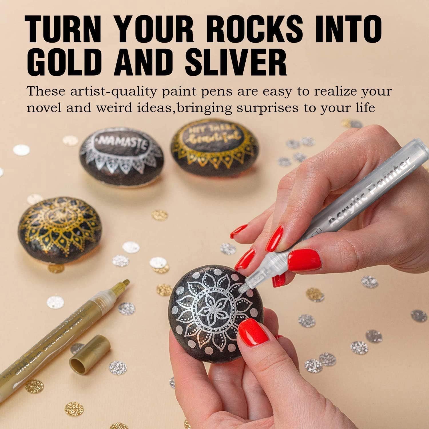 FEELHIGH Acrylic Permanent Paint Marker Pen Medium For Art Rock Painting, Stone, Wood, Canvas, Glass, Metal, Ceramic, Tire, Graffiti, Paper, Drawing, Highlight Water-Based Paint Sets (Gold) 2