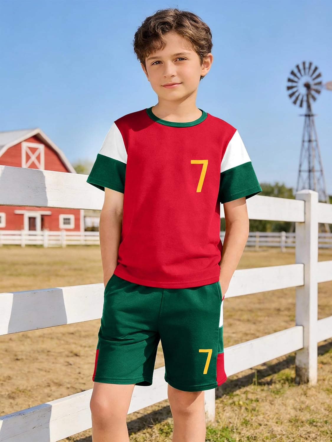 GEMLON Boys Summer Clothes Color Block Short Sleeve T-shirt Tops Patchwork Elastic Waist Shorts Set 2 Piece Kids Outfit - Image 2