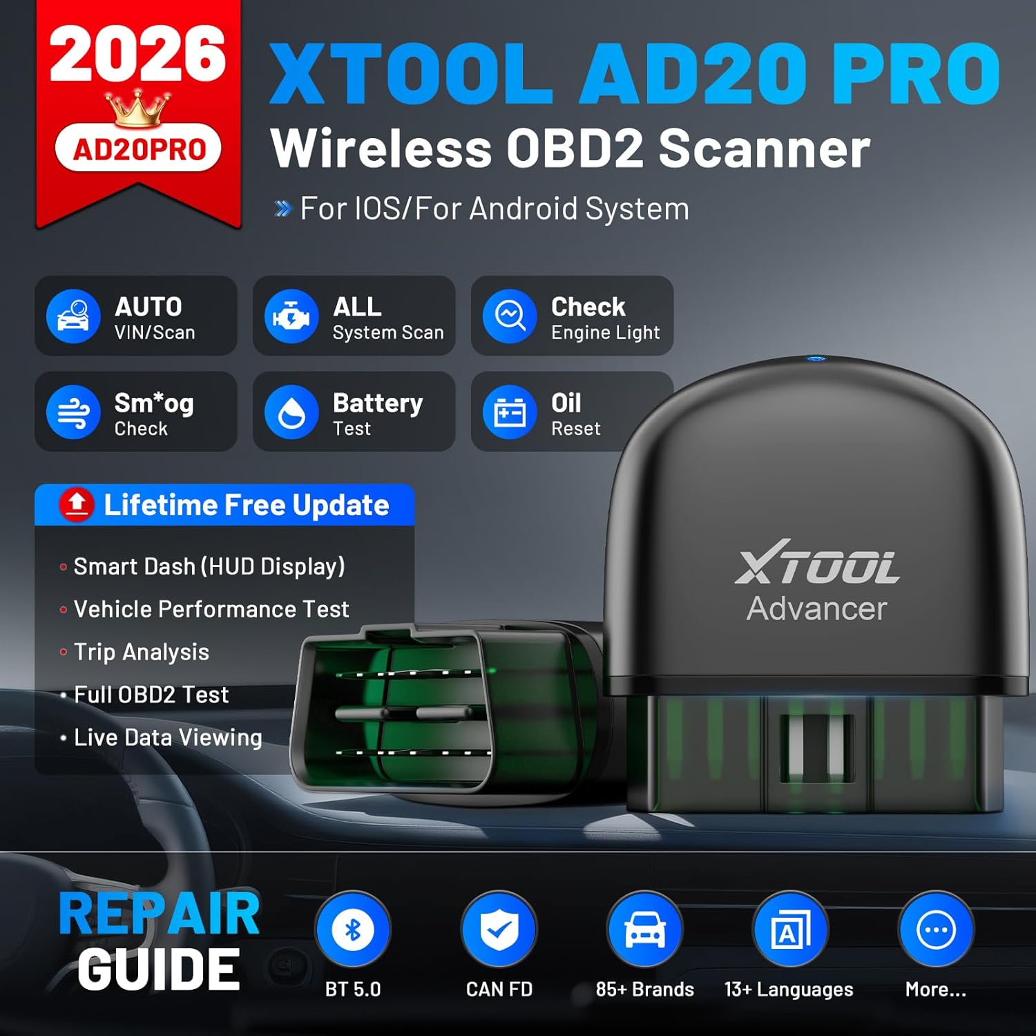 XTOOL Advancer AD20 Pro AI-Assisted Wireless OBD2 Scanner Diagnostic Tool, Car Code Reader for iPhone&Android, All System Scan Tool with Free Updates -Check Engine, Oil Reset, Performance/Battery Test