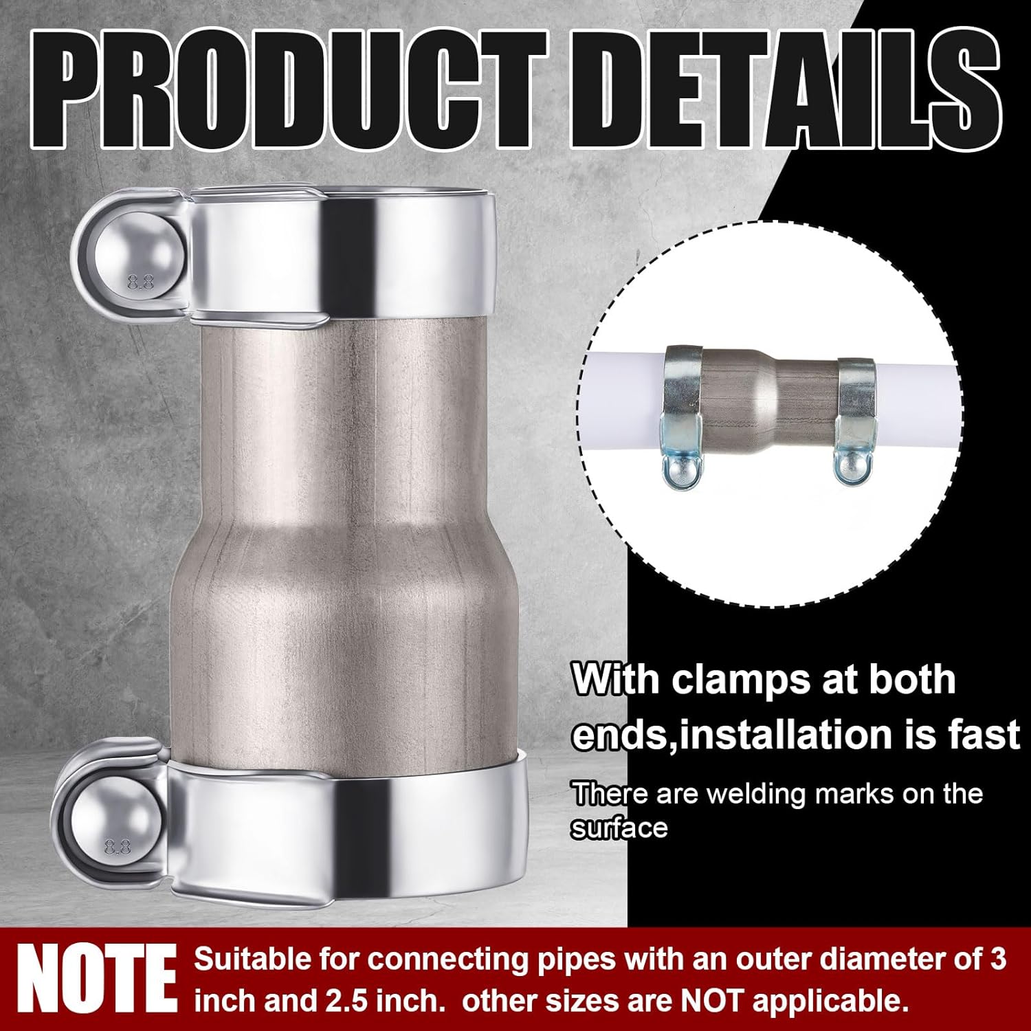 2 Pcs 2.5 to 3 Inch Exhaust Adapter Reducer Kit with Clamps, Stainless Steel, ID 2.5" to Od 3" Universal Exhaust Pipe Connector for Car, Truck, Suv