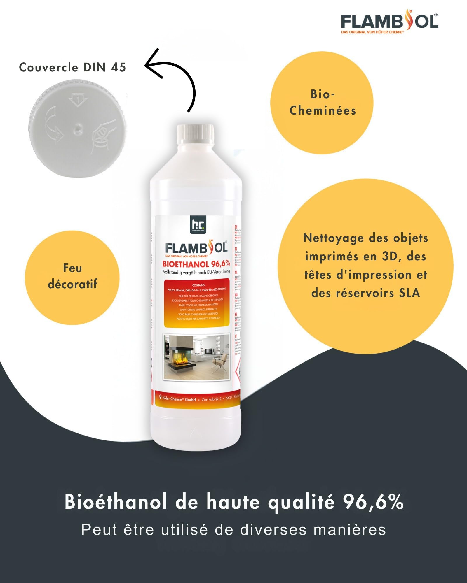 Höfer Chemie Bioéthanol 96,6% Premium 15 x 1 L - pour Cheminée de Table, Cheminée & déco de Jardin - sans Fumée ni Suie - A Base de Maïs & de Betteraves