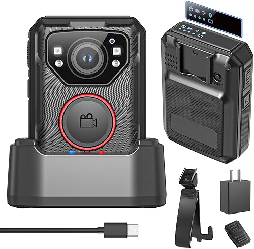 Cámara de cuerpo de policía, 1080P HD cámara desgastada, 64G e IP68, cámara corporal habilitada para GPS con aplicación, batería de 12 horas, visión