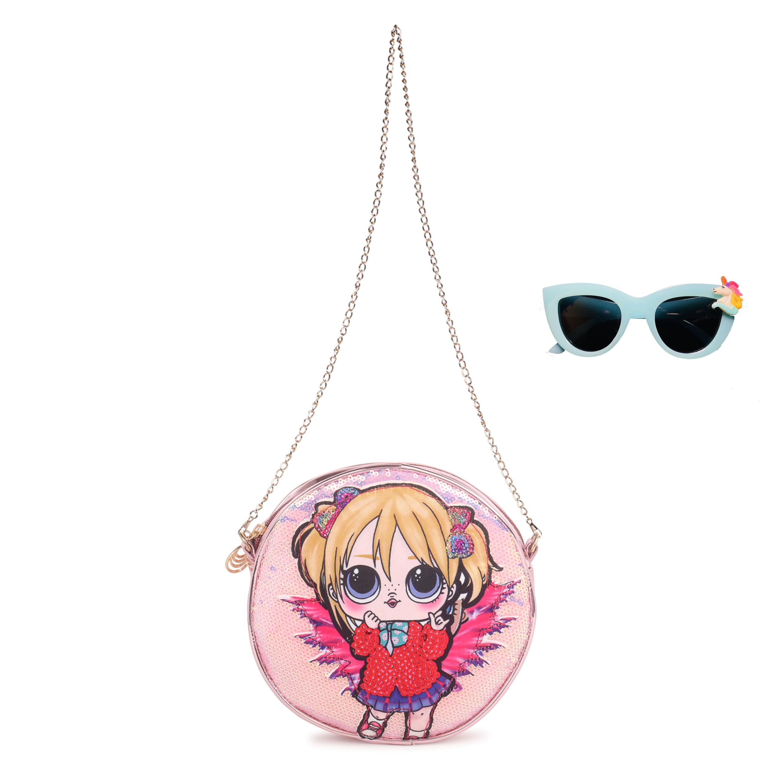 Sanjis Enterprise LolSequence glitter Fashion Purse Coin Bag Shoulder Sling Bag Pink Color Party bag for Girls and Women best birthday gift for girls (Sling bag+ kitty sunglasses) (B09H7F8GHQ) Amazon Price History, Amazon Price Tracker