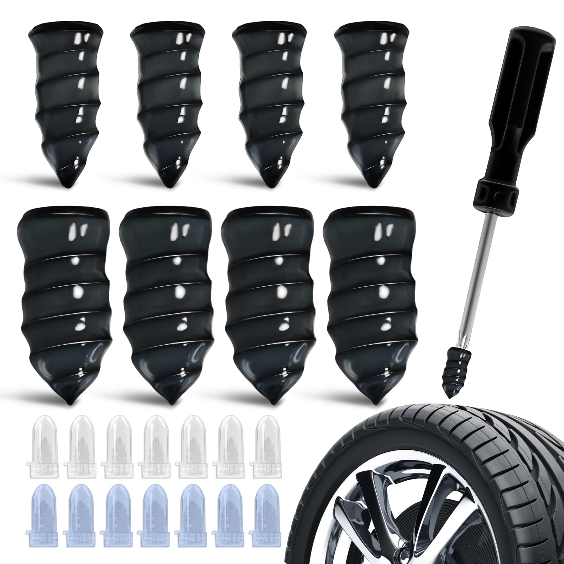 Kit 50 Pezzi Chiodi per Riparazione Pneumatici Sottovuoto – Chiodi in Gomma a Spirale di Alta Qualità con Cacciavite Inclusi, Riparazione Rapida e Sicura per Auto, Moto, Camion e Bici (25S + 25L)