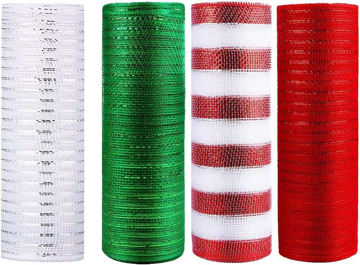4 Rolls Poly Mesh Ribbon Deco 10 inch x 30 feet/Roll, Metallic Foil Mesh Ribbon Rolls for Christmas Tree and Wreaths Decoration (4 Color)