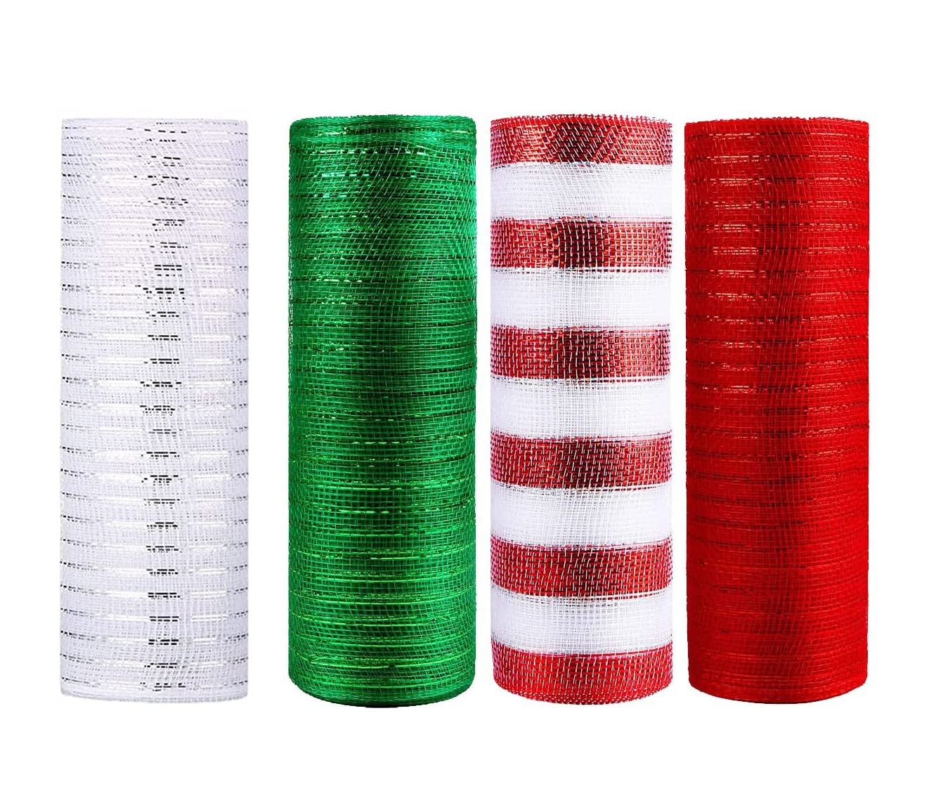 4 Rolls Poly Mesh Ribbon Deco 10 inch x 30 feet/Roll, Metallic Foil Mesh Ribbon Rolls for Christmas Tree and Wreaths Decoration (4 Color)