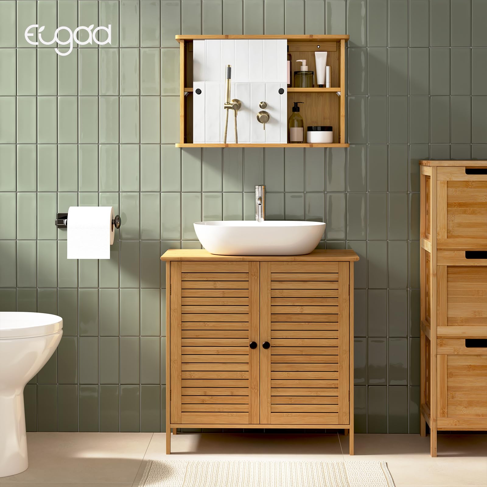 EUGAD Armario de Pared para Baño con 2 Estantes Interiores, Mueble Baño de Bambú, con Espejo y Estante Ajustable para Almacenamiento, Cocina y Dormitorio, 55x14x35,5 cm