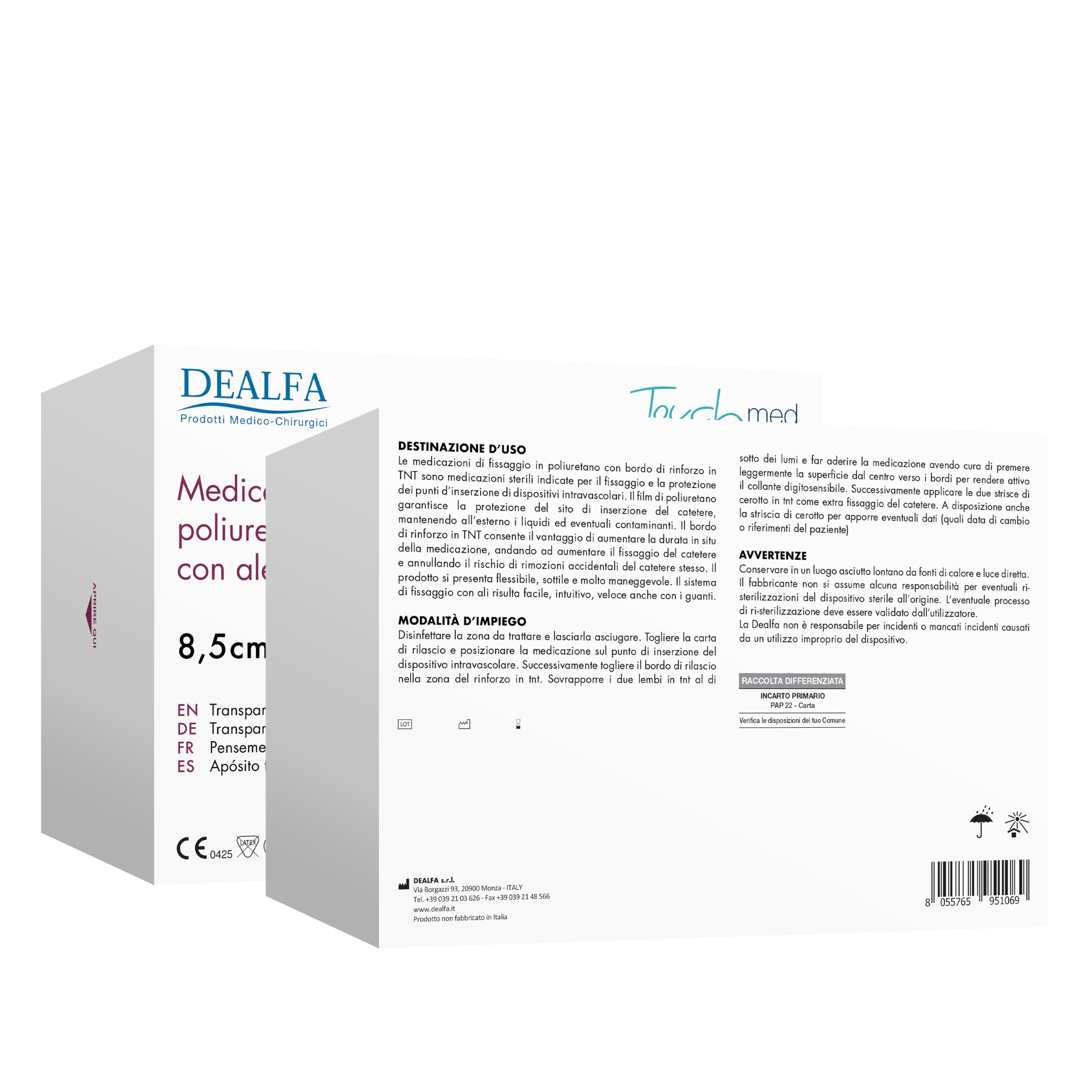 TOUCHMED Medicazione Adesiva Sterile in Poliuretano di Fissaggio Cannula e Catetere - Rinforzata in TNT con Alette - IV Dressing - 8,5x11,5 cm - Monouso - Confezione da 50 Buste