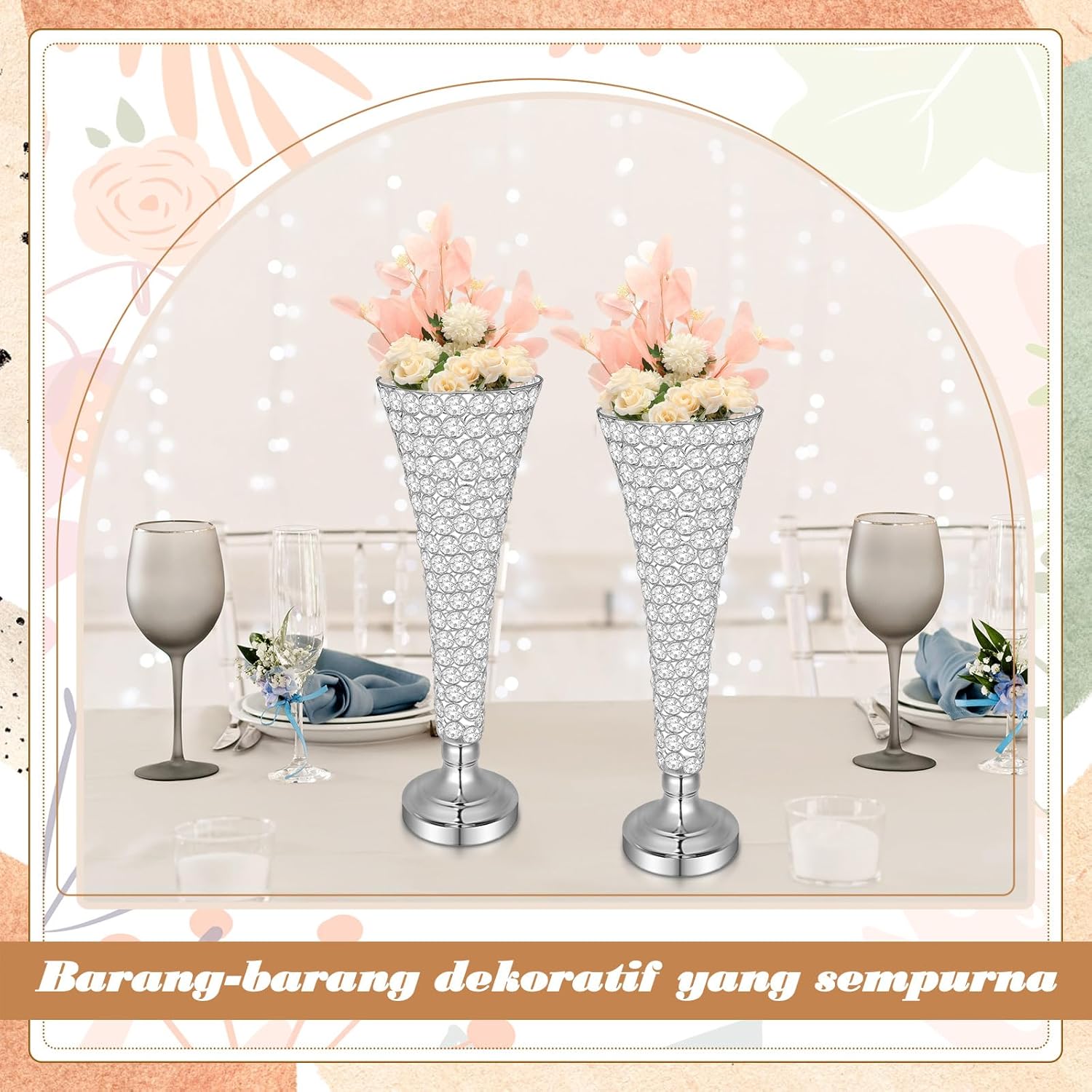 Rtteri 4 Pcs 20 Inch Tall Crystal Vase for Centerpieces Wedding Christmas Metal Crystal Trumpet Flower Vase Stand for Holiday Table Floor Wedding Banquet Celebration, Classic Elegance(Silver)