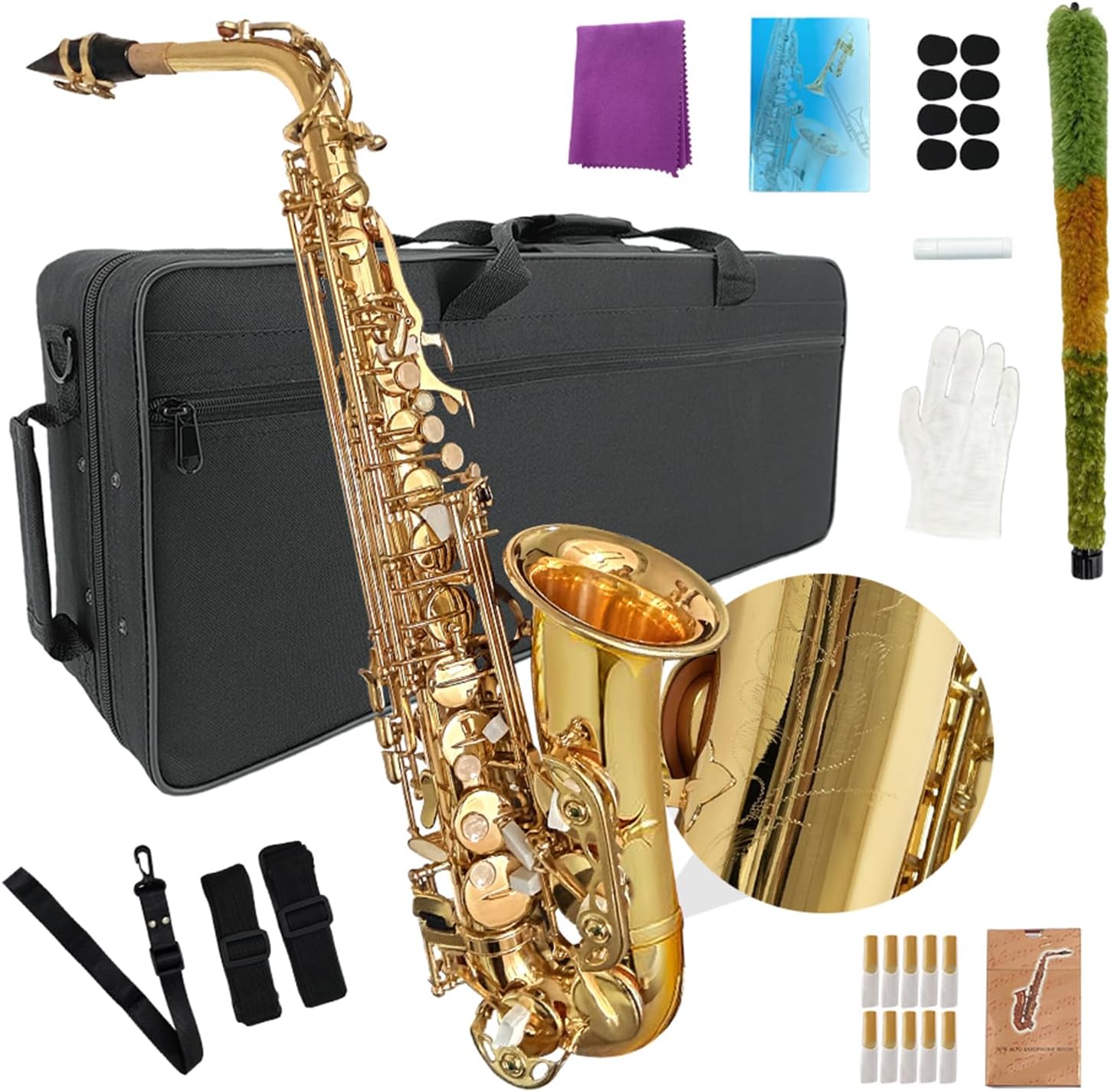 Eb Alto Saxophone Gold Lacquer Brass E-Flat Student Kit with Hard Carrying Case - Includes Mouthpiece, Reeds, Neck Strap and Gloves for School Band