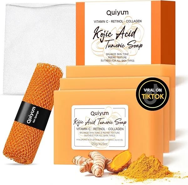 QUIYUM Kojic Acid Turmeric Soap, Dark Spot Remover for Face, Skin Care Sets, Facial Skin Care Products, Even Skin Tone, Moisturizing & Nourishing, 3 Pack+ African Net Sponge