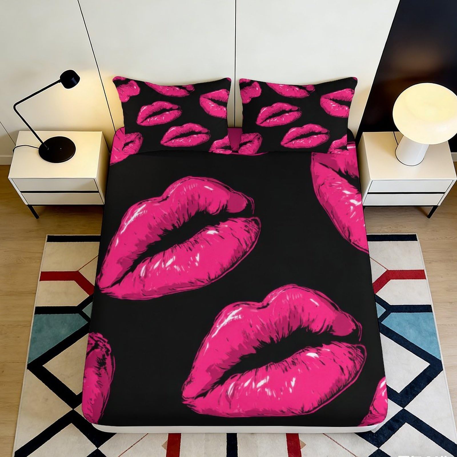 3D Printed Pink Lips Fitted Sheet Microfiber Soft Decorative Kiss Pattern Bed Cover for Bedroom Guest Room Mattress Protection 90x200x25cm
