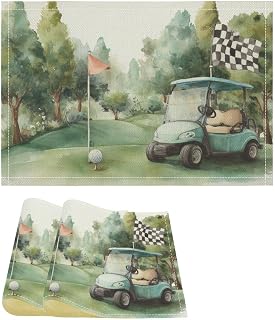Table Placemats Set Hand Draw Golf Course Flag Ball Tree Heat-Resistant Machine Washable Wipeable Non-Slip Place Mats Table Mat for Farmhouse Kitchen Outdoor 18x12Inches 2PCS