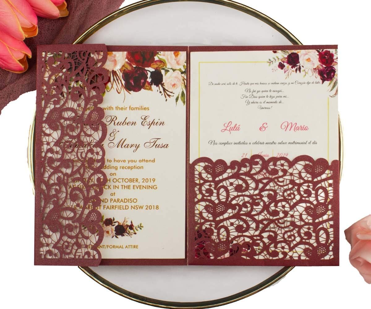 25pcs 5"x7.28" Ivory Vintage Tri Fold Wedding Invitations Cards pocket Pearl Paper Laser Cut Hollow Carving Greeting invites Covers only no envelope no insert