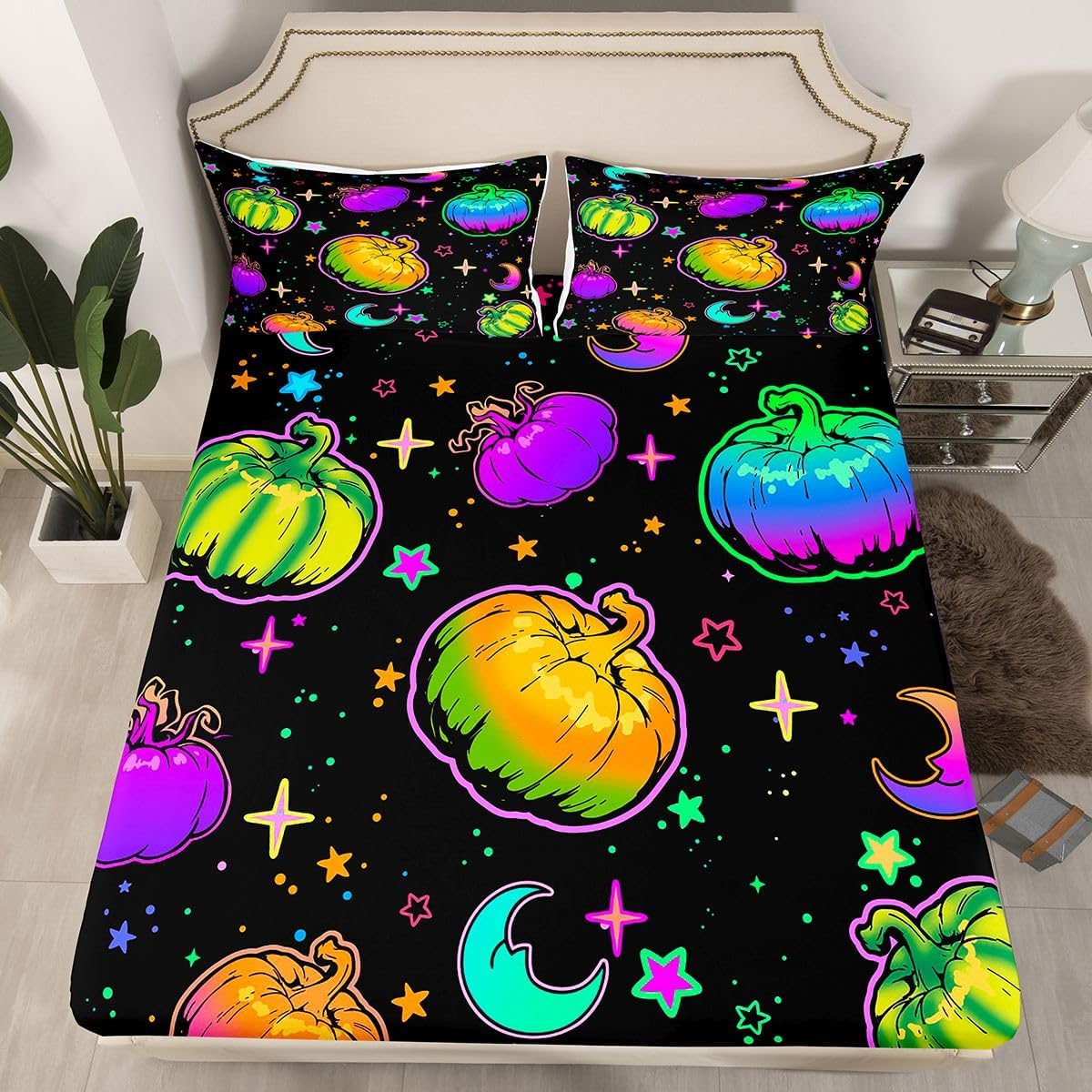 Feelyou Halloween Sheet Set for Kids Boys Girls Pumpkin Print Sheets with Deep Pocket Fitted Sheet Twin Size Fluorescent Style Bed Sheets Set Bedroom Decor Spooky Pumpkin Bedding Set 3Pcs