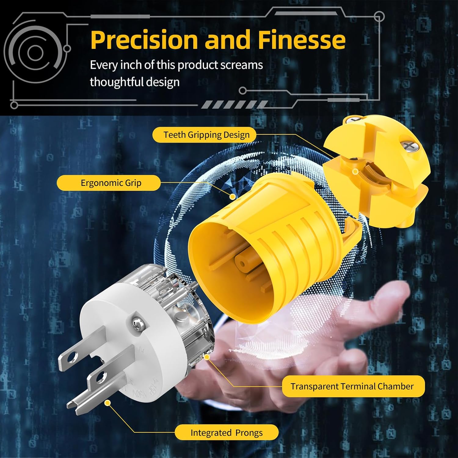 110V Plugs 15 Amp Extension Cord Repair Ends Replacement Male Plug Cord Cap NEMA 5-15P 120 Volt Yellow ETL Listed 2-Pack