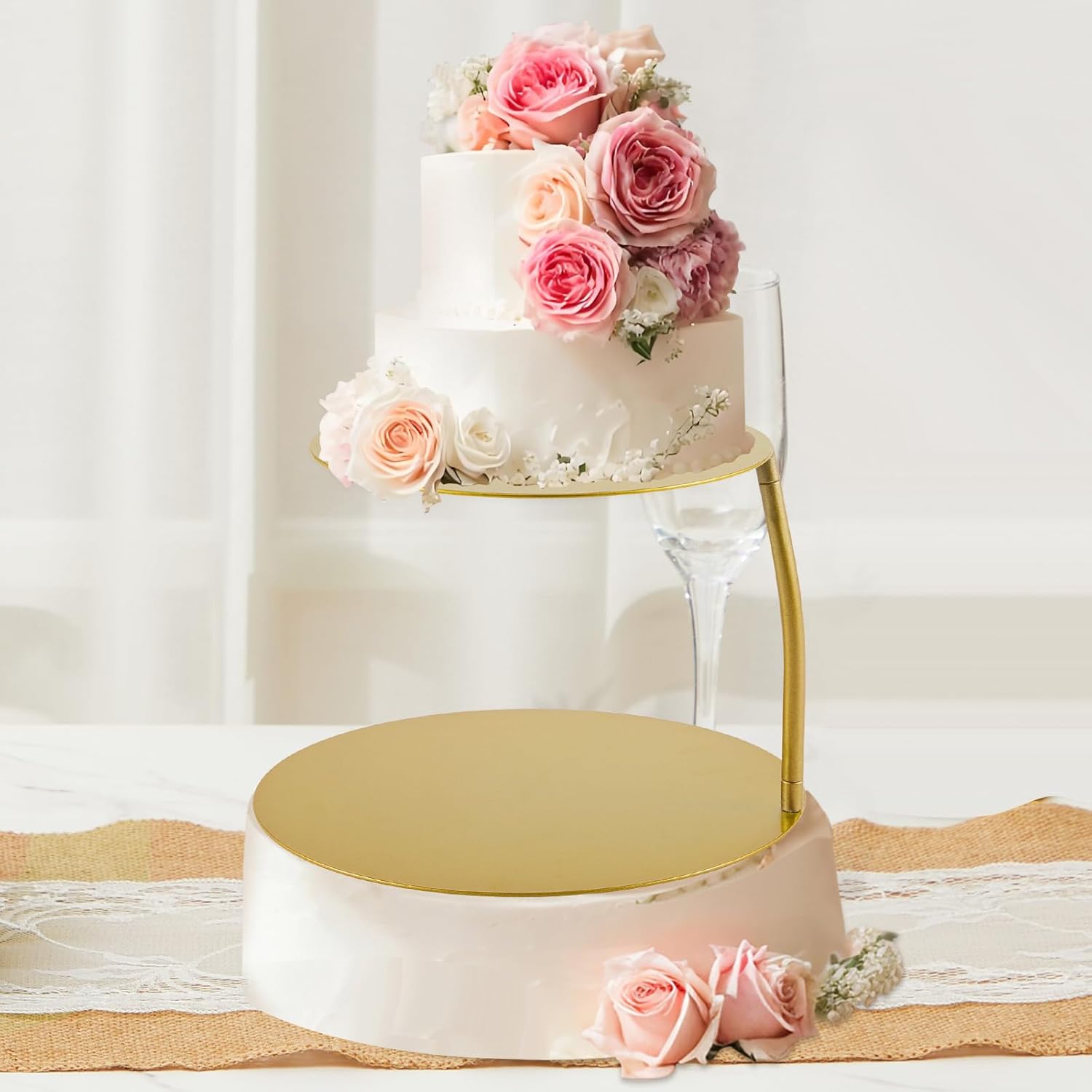 LemonRoad 6''+8'' Floating Cake Stand 2 Tier Metal Wedding Cake Stand Spacer Separator Round Decorative Dessert Display Riser Pastry Holder for Birthday Anniversary Party Centerpiece (Gold, Classic)